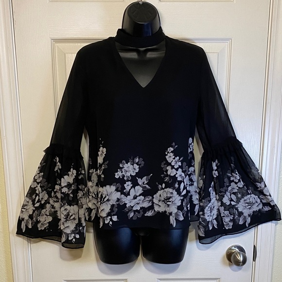 White House Black Market Tops - White House Black Market Chic Sheer Black Floral Blouse—bell sleeves/choker neck
